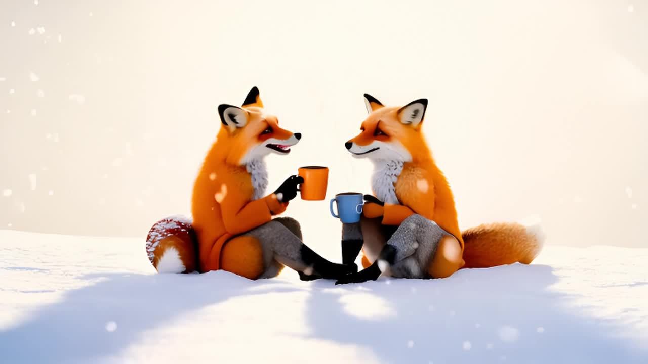 两只狐狸坐在雪地上，每只狐狸都手持一杯饮品，其中一