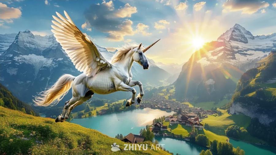 一只长着翅膀的白色独角兽在山顶上。在它身后，可以看