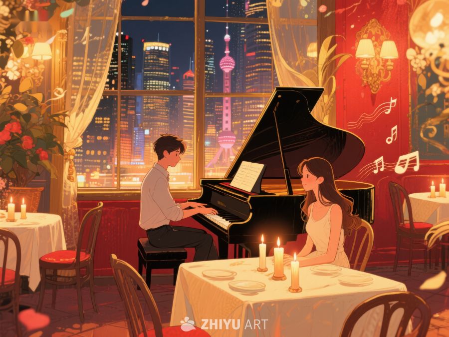 夜景窗前的钢琴演奏 958