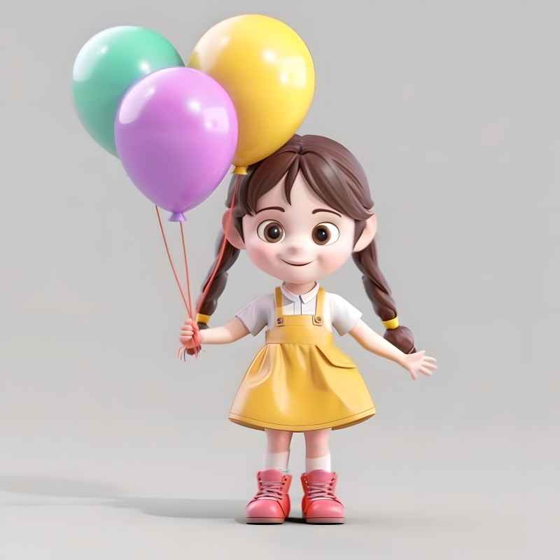 一个可爱的女孩的3D角色拿着气球 3