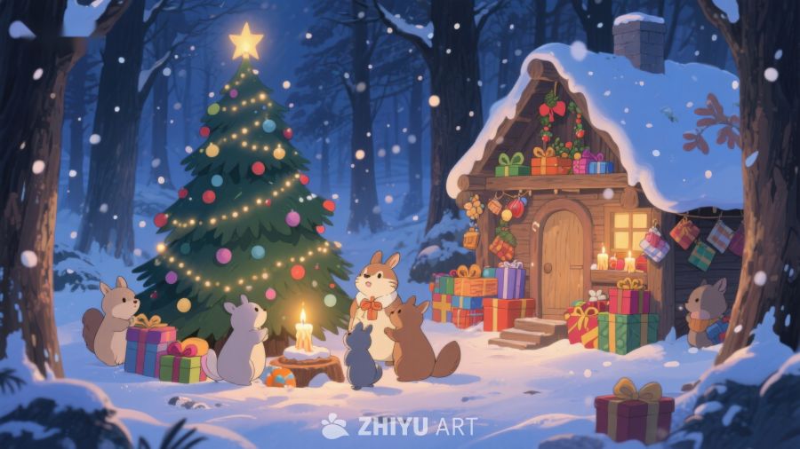 雪夜森林中的圣诞小屋 367