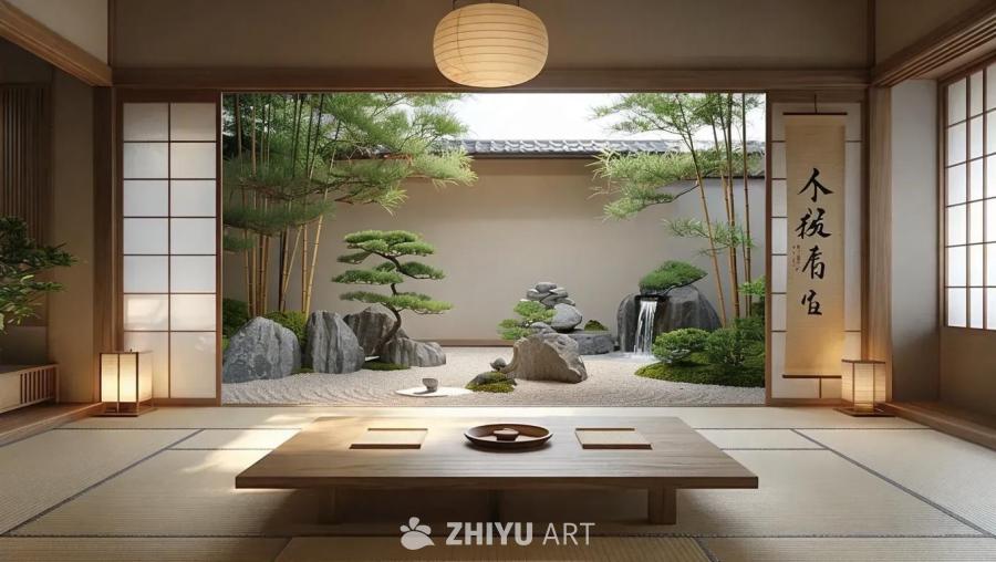 室内空间光线柔和，地板铺着榻榻米，正中摆放着一张矮