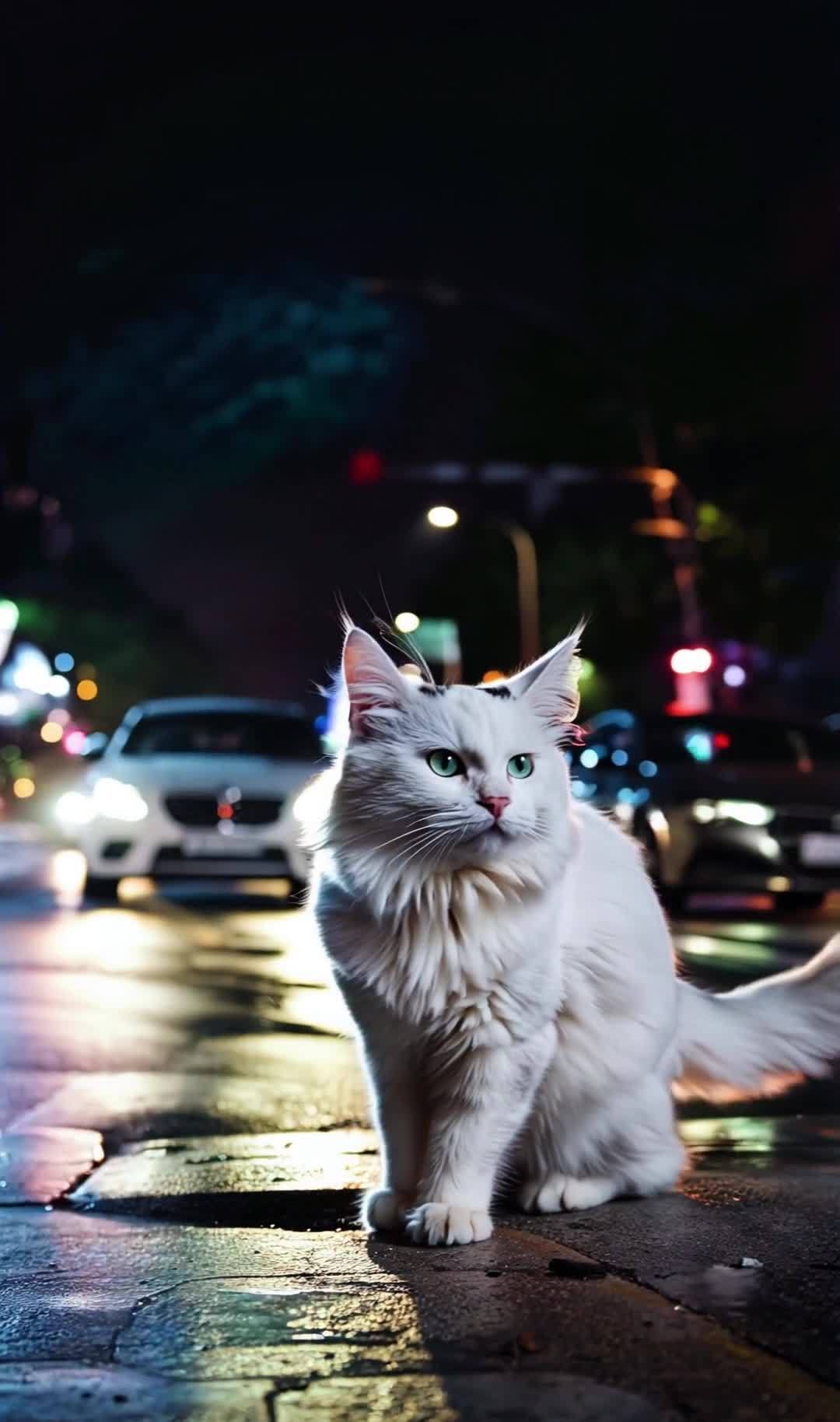 夜幕下的白猫，城市街道，霓虹灯光，眼神专注。