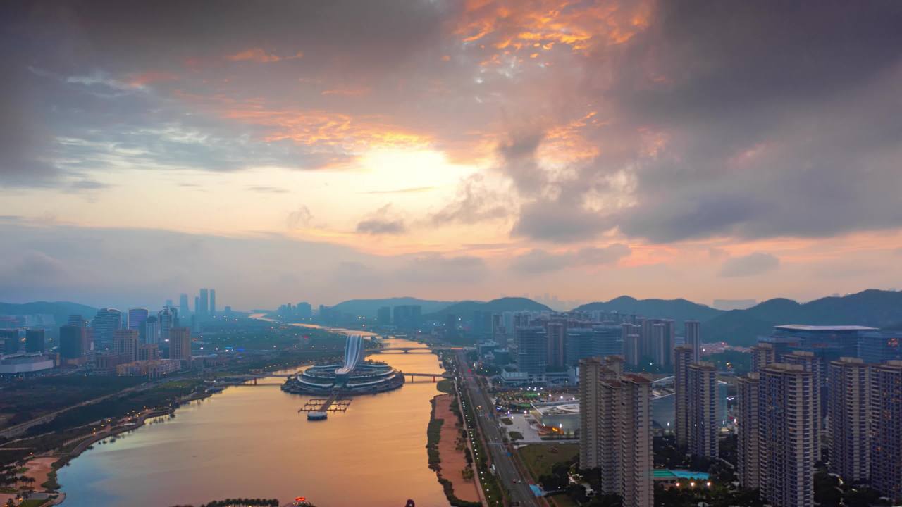 横琴天沐河琴台傍晚航拍延时拍摄