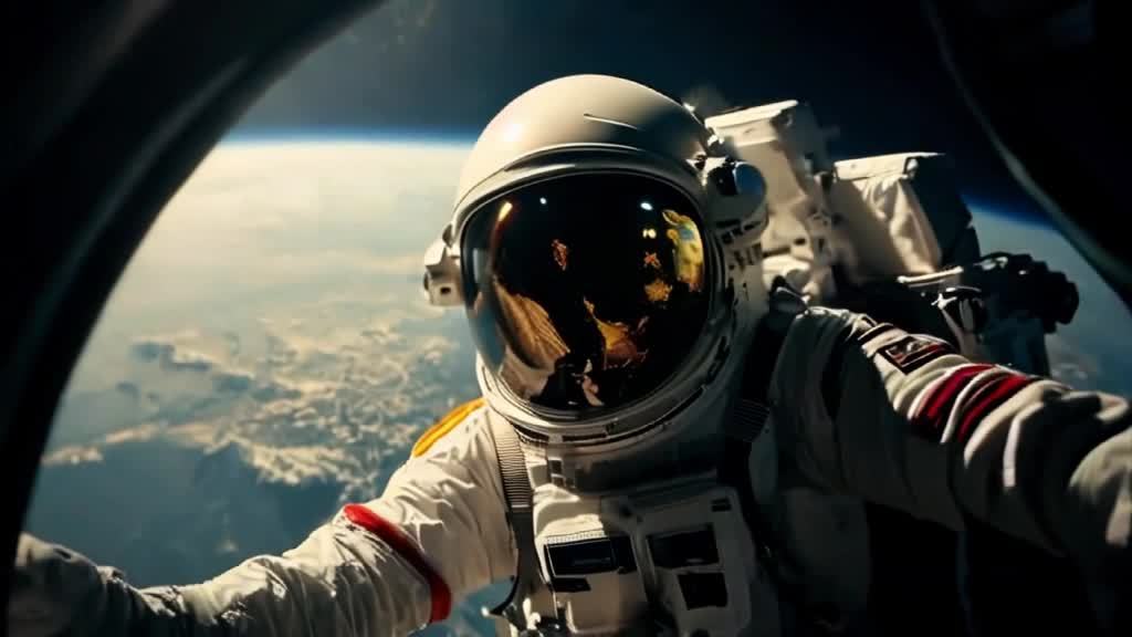宇航员漂浮在太空中，地球作为一个蔚蓝色的星球出现在