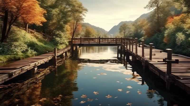 一条小溪旁一座小木桥横跨在水面上 12