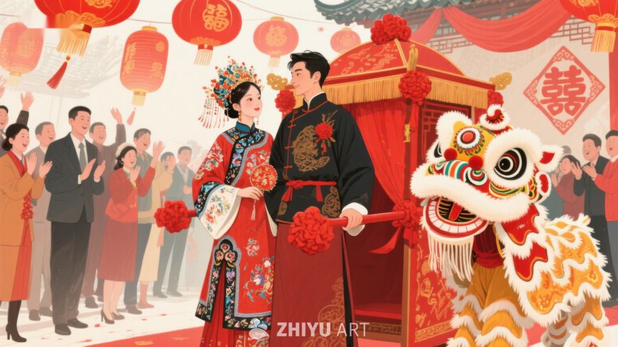 传统婚礼场景：新人携手步入礼堂 36
