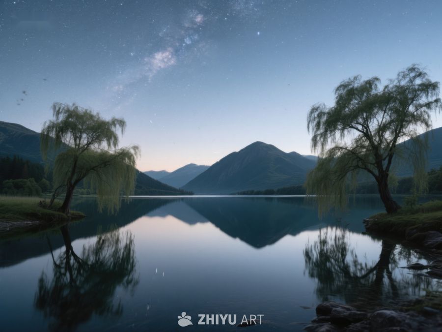 星夜湖畔，柳树倒影 226
