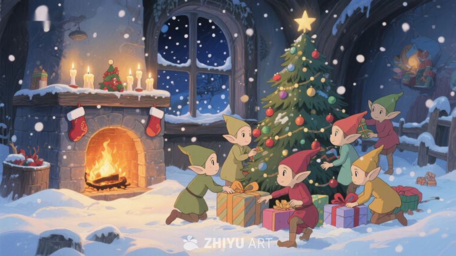精灵围绕圣诞树庆祝节日 136
