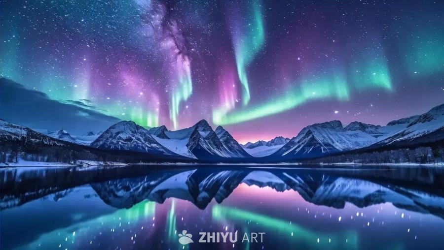 雪山上方呈现出绿紫色极光，极光在静止的湖面形成倒影