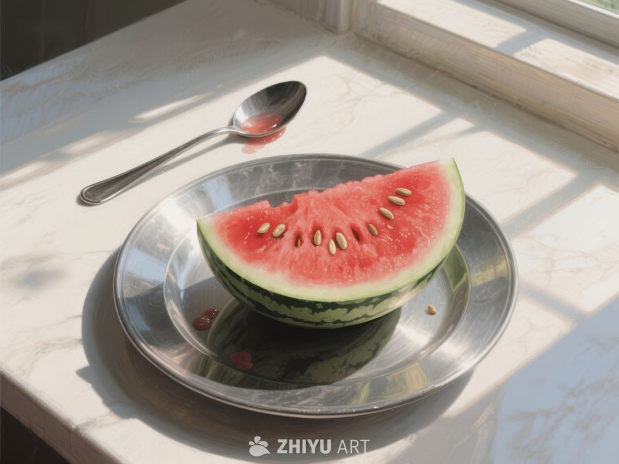 切片西瓜置于金属盘中，阳光洒落 420
