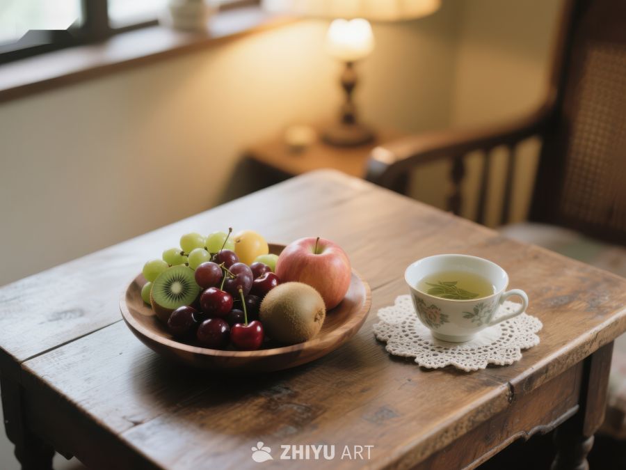 木桌上的水果盘与茶杯 423