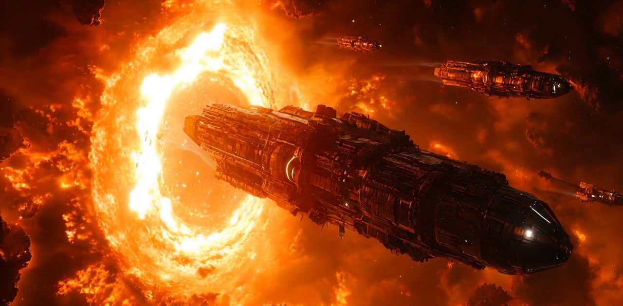 四艘星舰正从一个旋转的橙白色能量旋涡中飞出，周围的