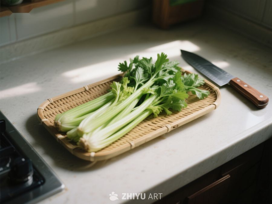 新鲜芹菜置于竹制砧板上 505