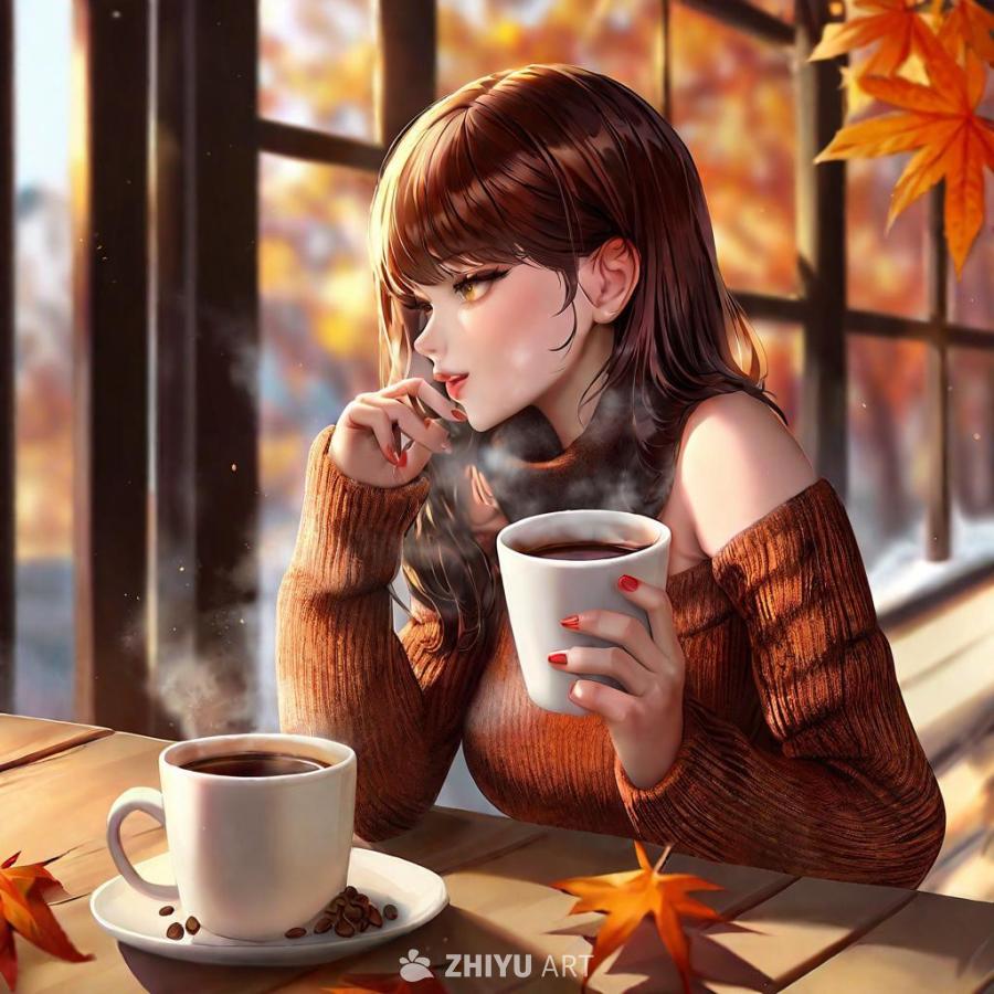 一位穿着毛衣的年轻女子坐在窗边，她手里拿着一个白色