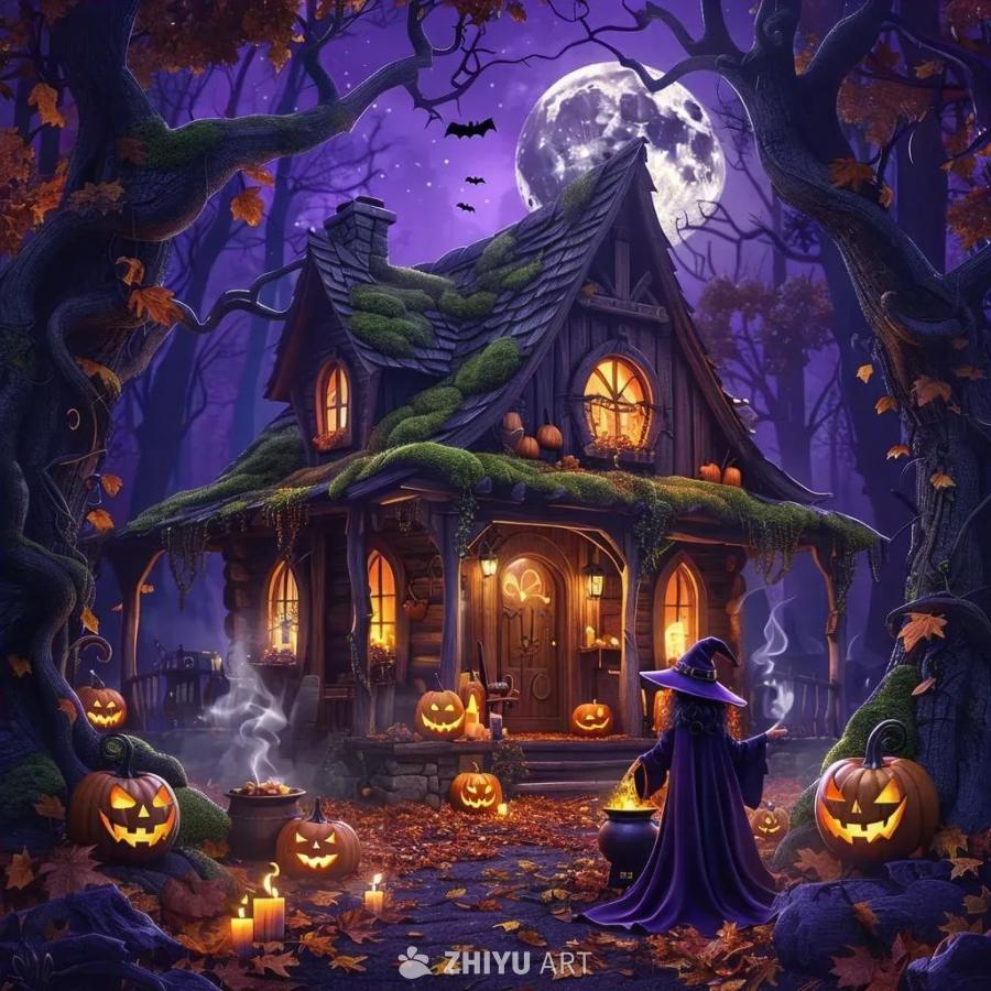 在一个万圣节主题的魔法森林中，有一间女巫的小屋，天