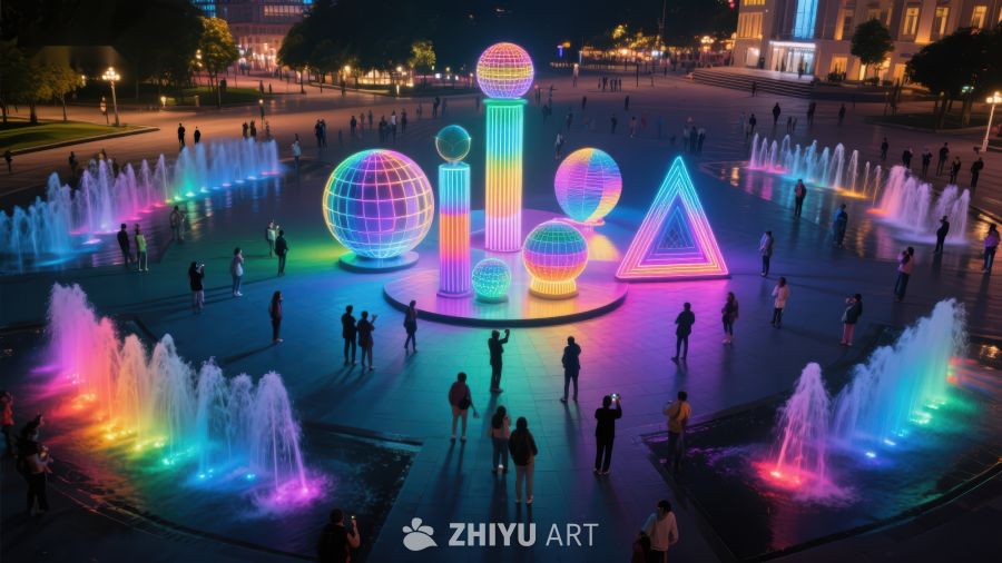 夜景喷泉与几何光雕艺术 869