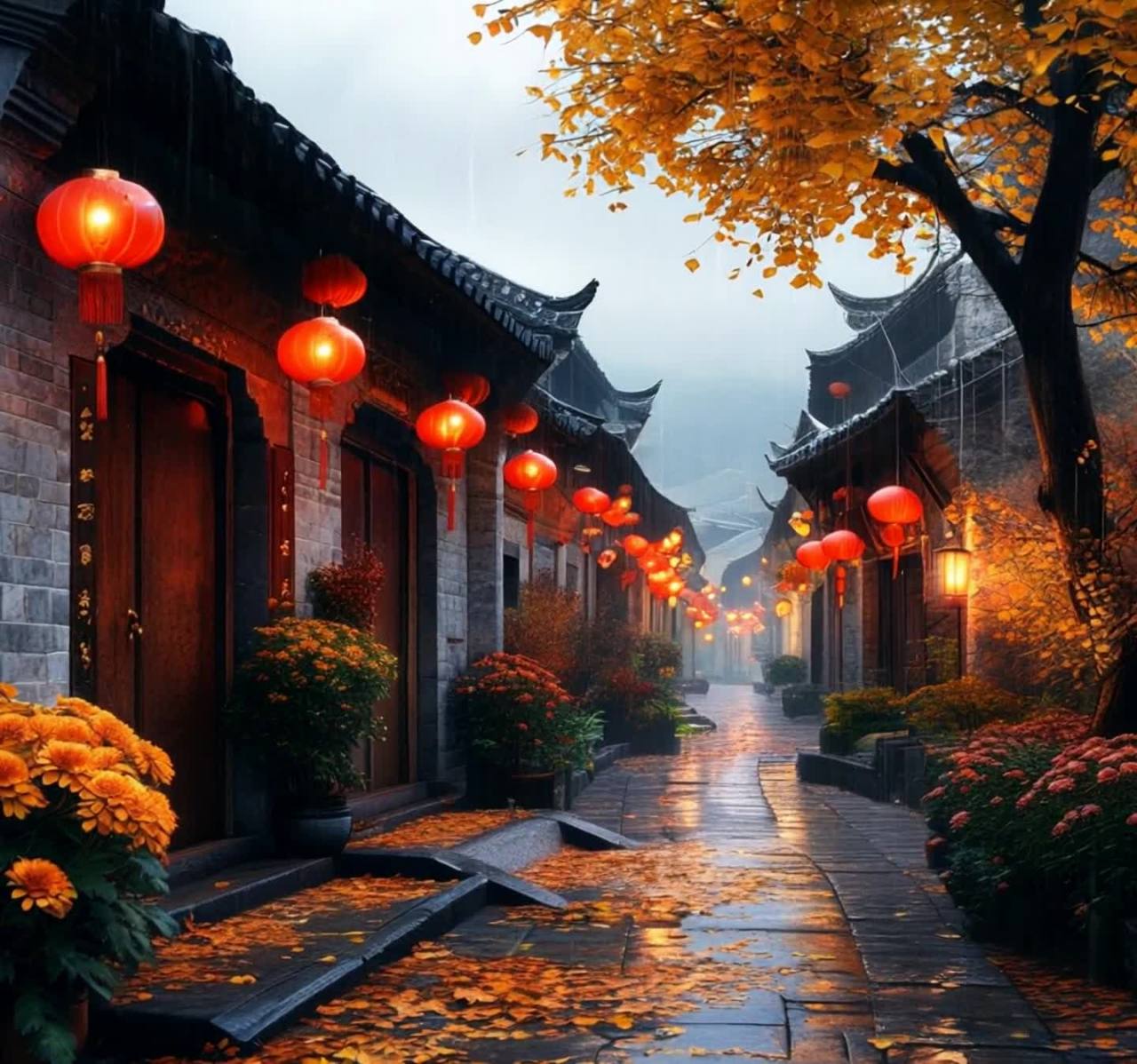 一条铺满落叶的石板路，两边是古老的建筑。建筑的屋檐