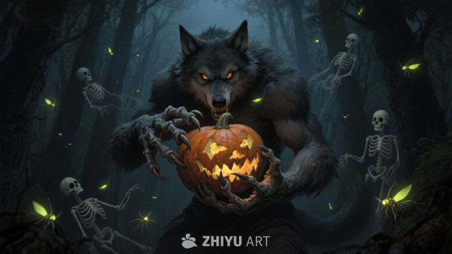 狼人手持南瓜灯，幽暗森林中的万圣节景象