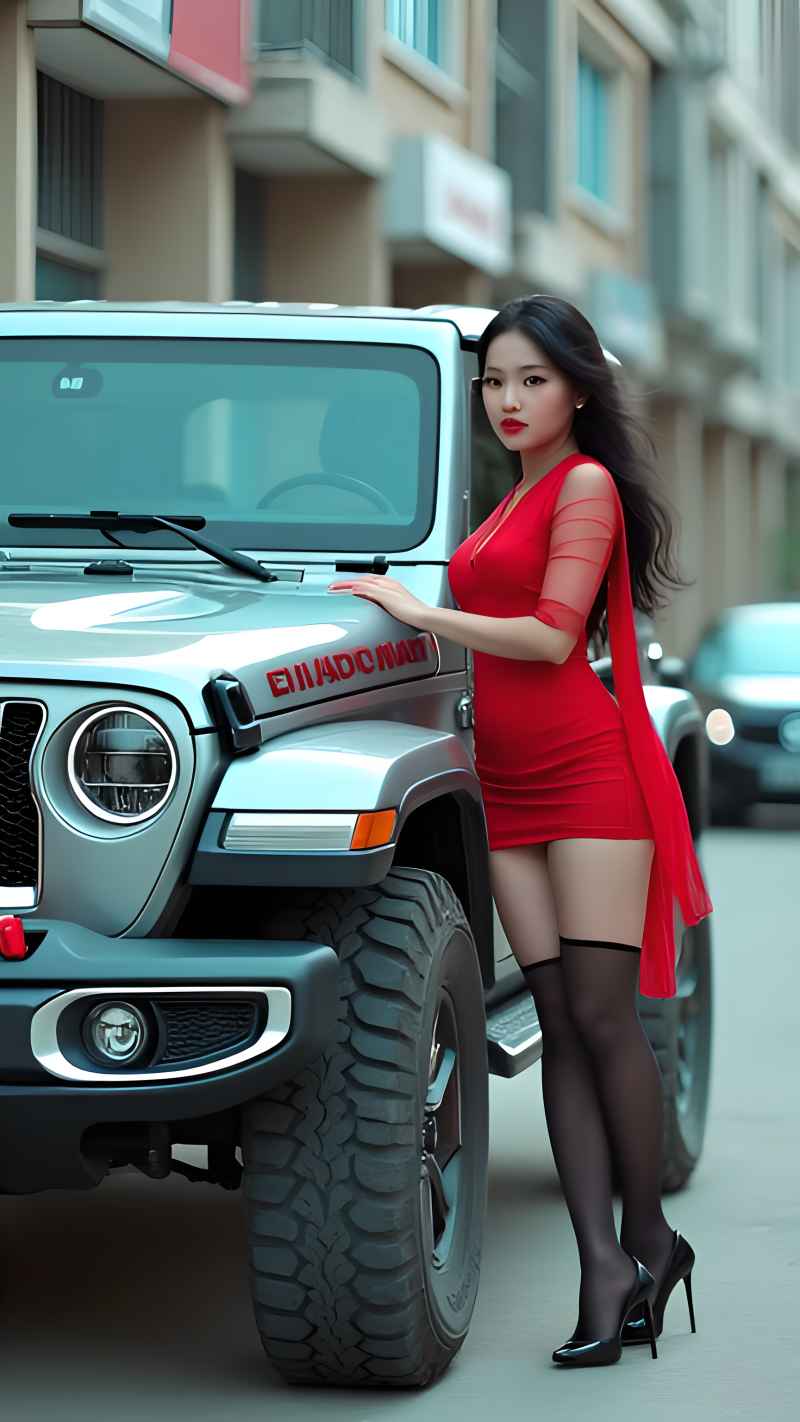 红色美女户外越野车拍照 44