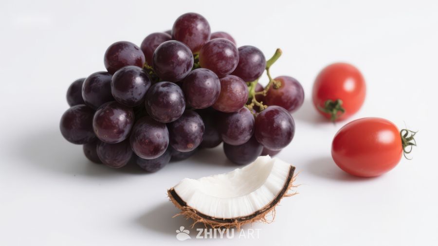 葡萄、樱桃番茄与椰子片的静物组合
