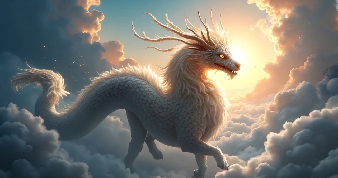云端奔跑的白色龙马与流动云层背景