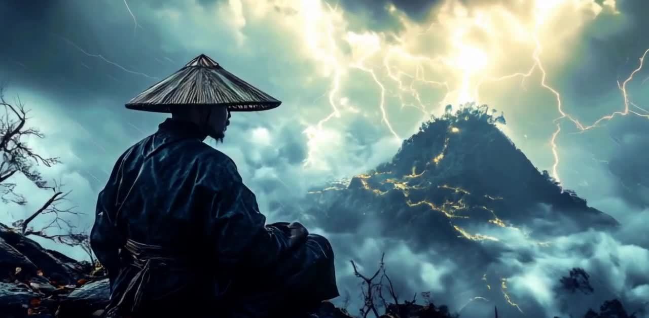 僧人身着深色服饰，头戴斗笠，正襟危坐于岩石之上。背