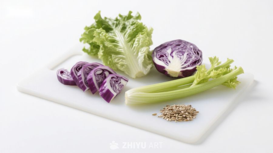 切好的蔬菜与香料摆盘
