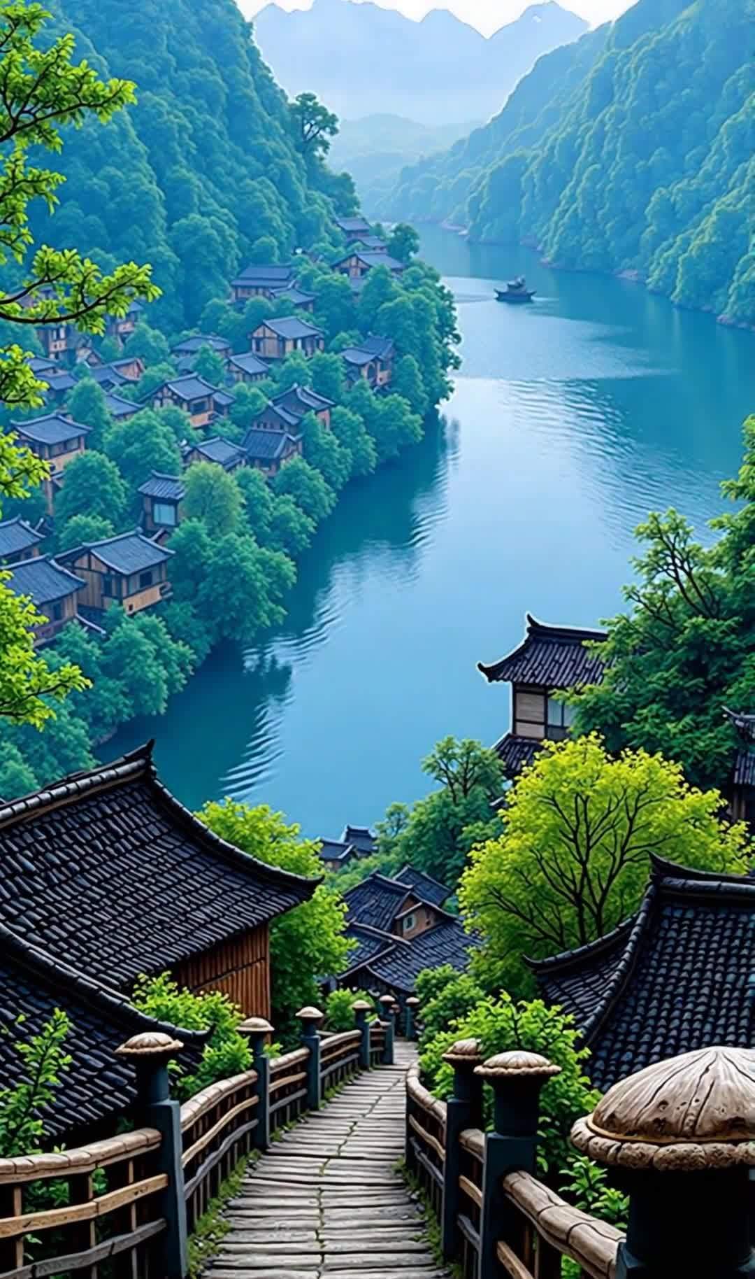 中国漓江山水：蜿蜒河流、古朴民居与秀丽山色