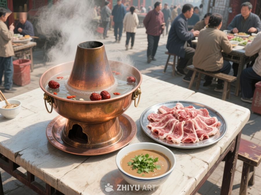 铜锅涮肉，热气腾腾的美食场景 737