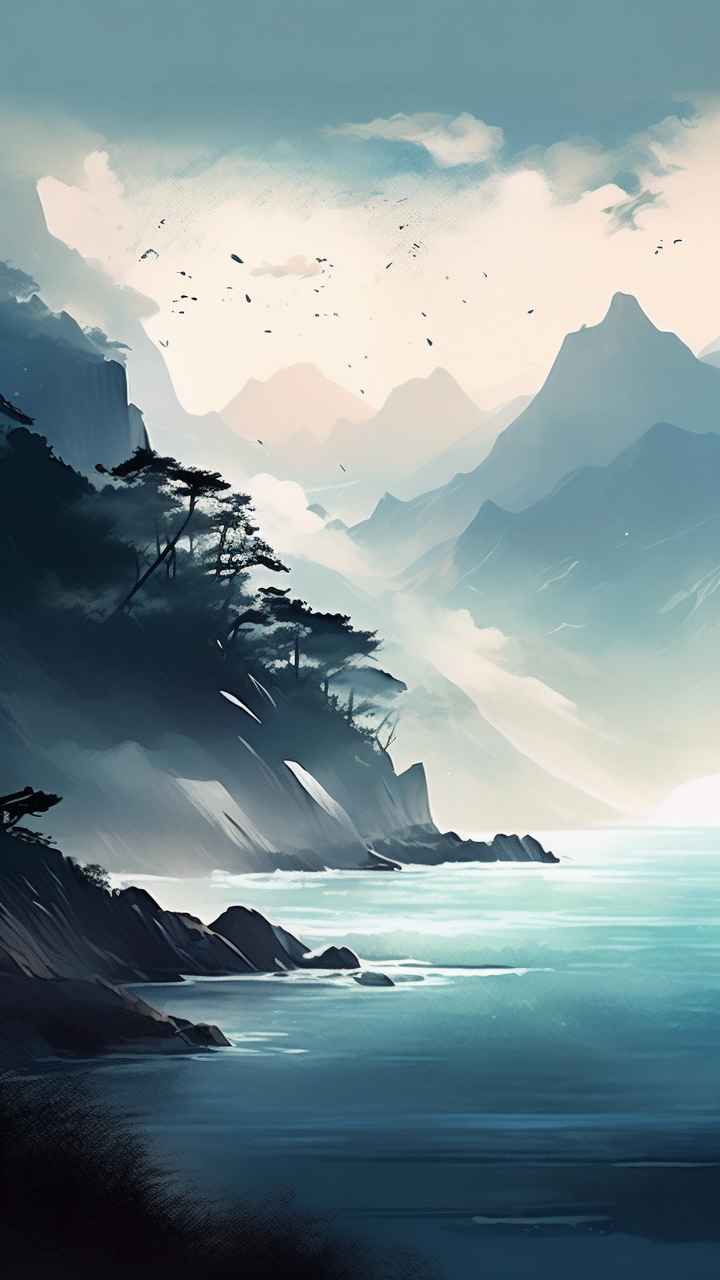 雾气缭绕水墨山水画简约风格 18
