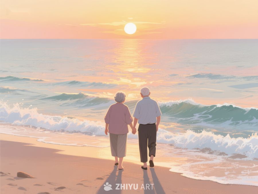 夕阳下携手漫步的老人 950