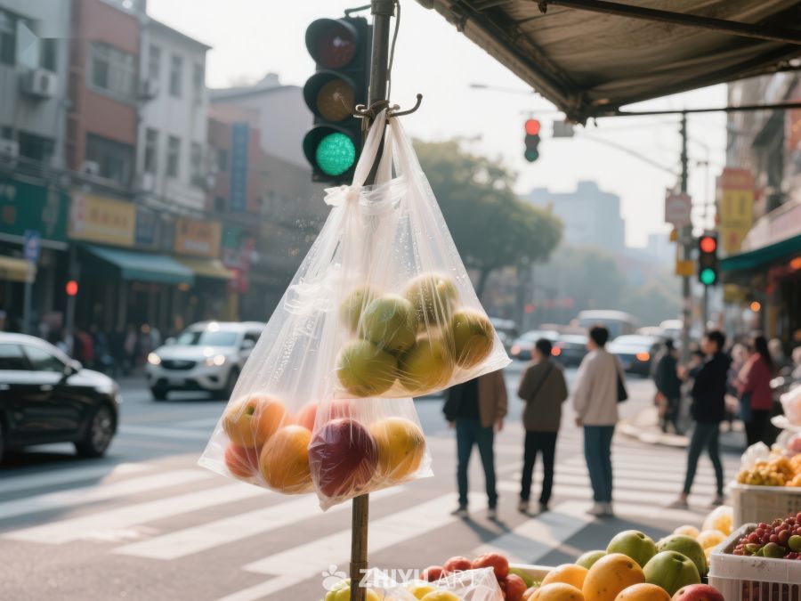 街头水果摊，塑料袋悬挂苹果梨子 275