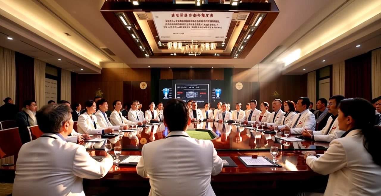 会议室里，多人围坐在长方形会议桌前。桌上摆放着纸张