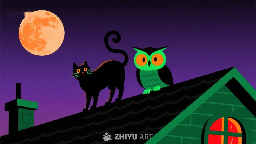 夜空下的猫与猫头鹰