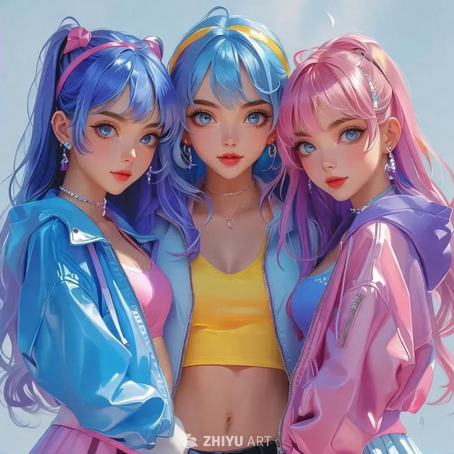 三个动漫少女穿着蓝色、粉色和紫色的服装聚集在一起。