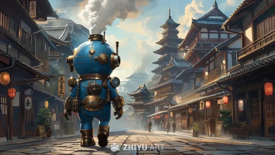 蓝色机器人走在蒸汽朋克风格的中世纪日本城市街道上，