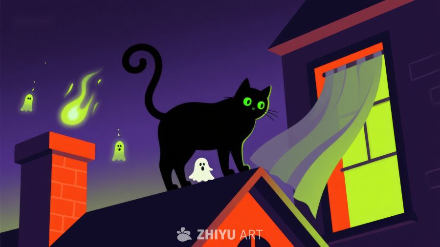 黑猫屋顶夜景，幽灵环绕