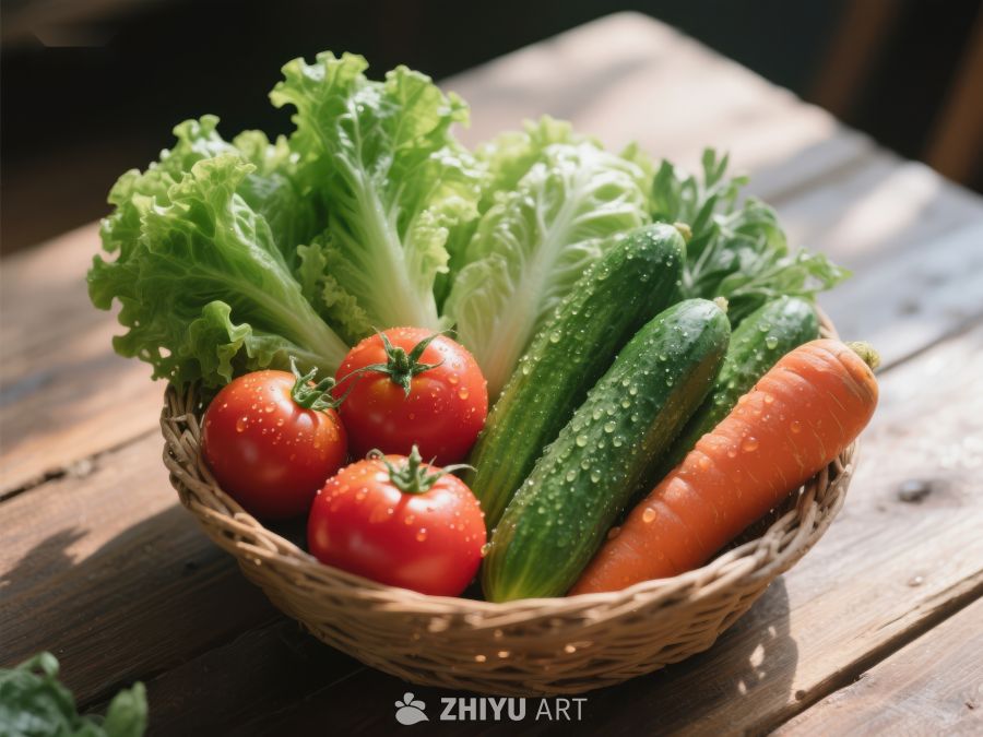 新鲜蔬菜篮，包含生菜、番茄、黄瓜和胡萝卜 295