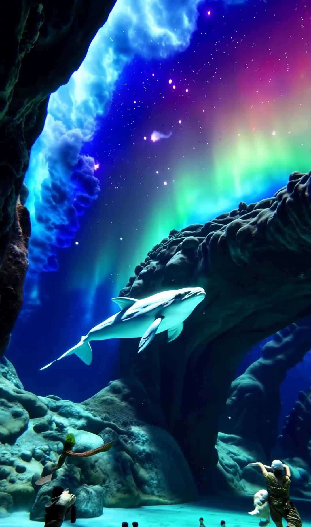 海底极光鲸鱼奇观：超广角3D艺术