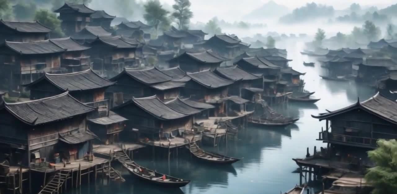 水乡古镇：雾中山影，枕水人家依依，小船静泊