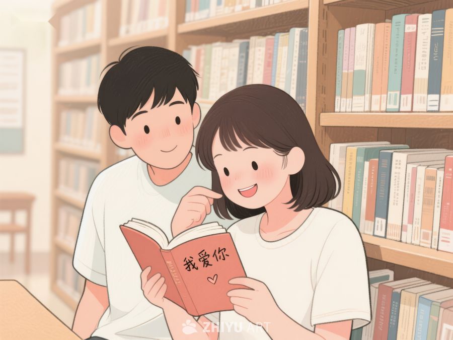 图书馆中两人共读温馨场景 688