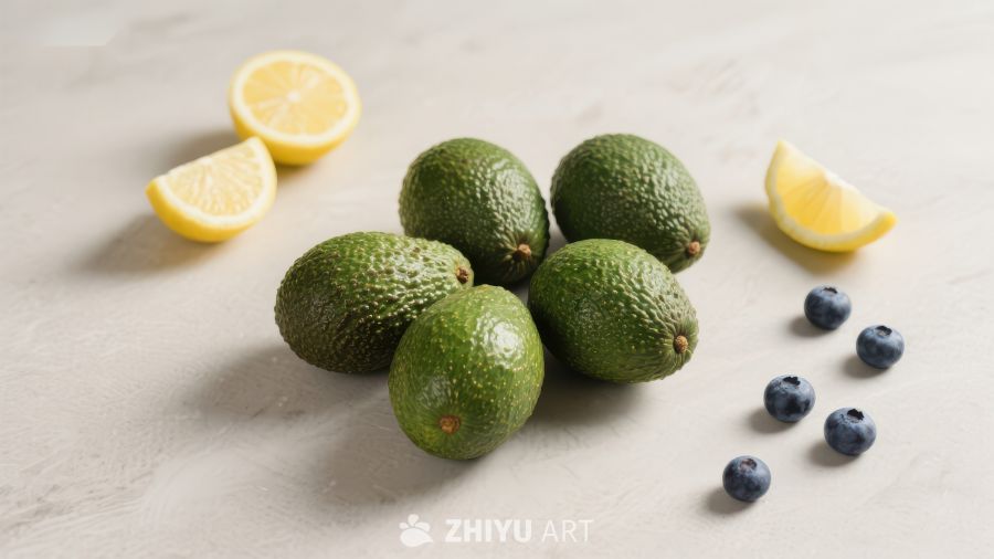 新鲜牛油果、蓝莓与柠檬片的组合