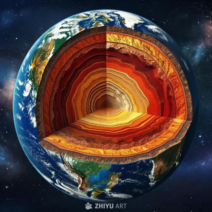 地球内部结构剖面图，显示了地核、地幔和地壳。地核呈
