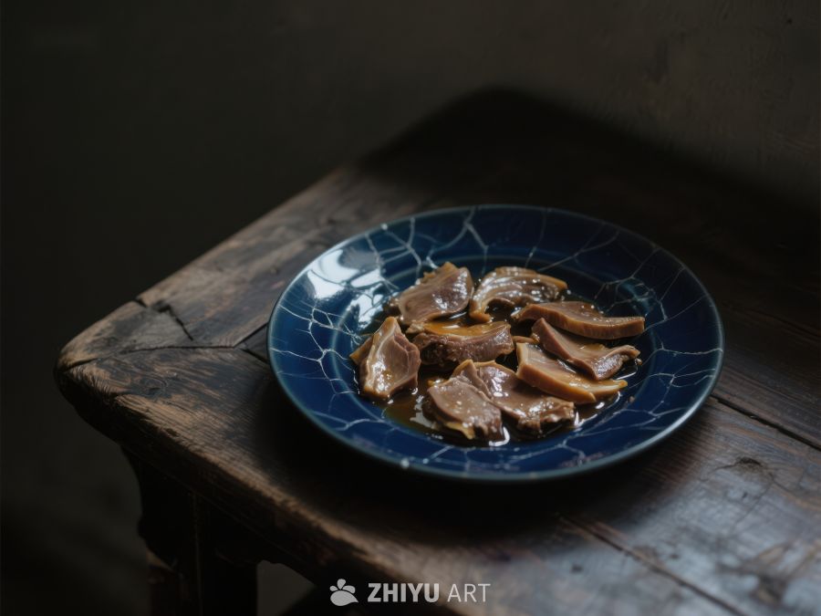 深色盘中的腌制肉片 1386