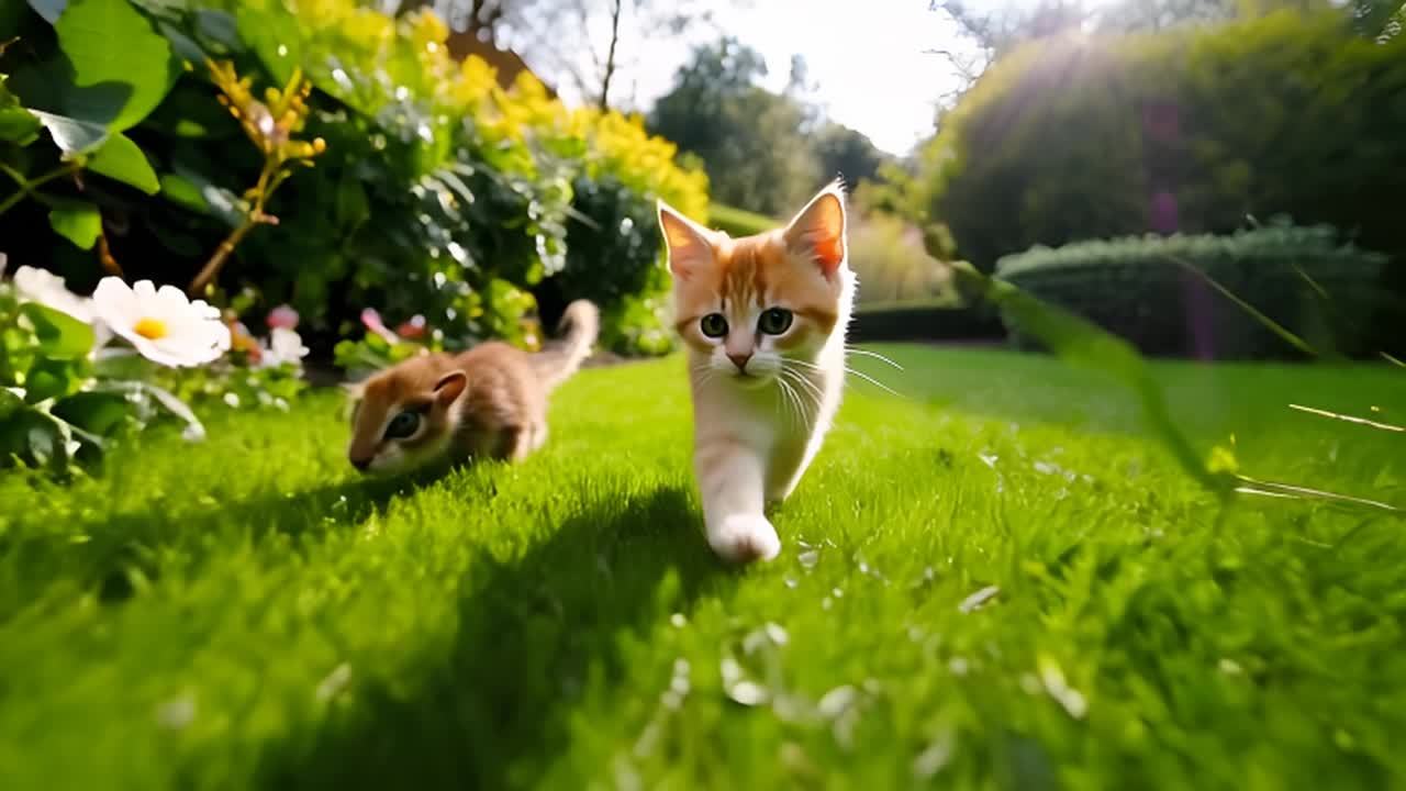 一只小猫和一只小兔子在草地上，周围有绿色的草和植物