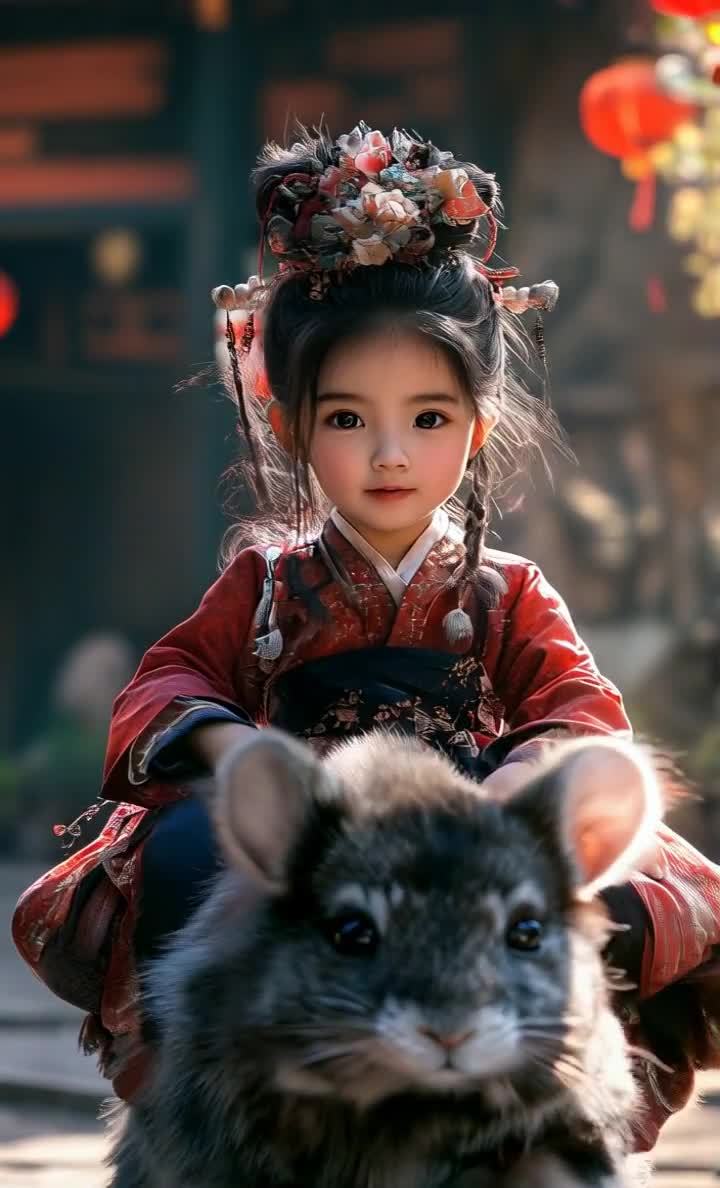 红衣小女孩乘巨型龙猫，可爱又梦幻。