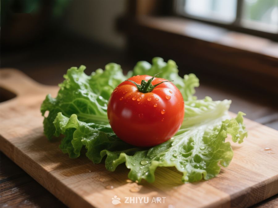新鲜番茄置于生菜上的木板 482