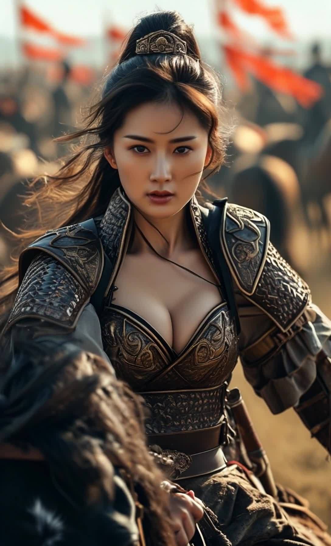 巾帼女将戎装，眼神坚定，战场厮杀气势磅礴。