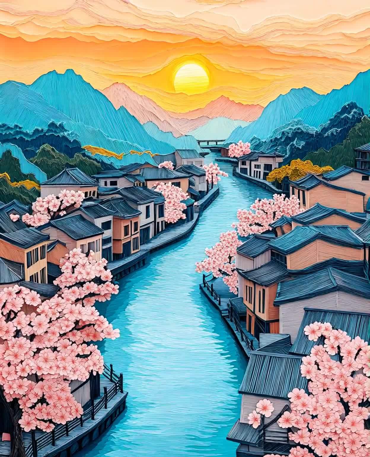 夕阳映青山碧水，小桥流水人家